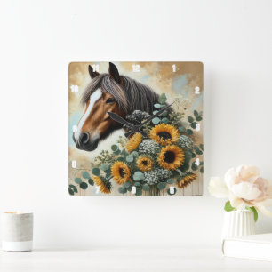 Horse Rustic Zonnebloemen Vierkante Klok