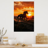 Horse Sunset Poster | Running Black Horse Wall Art (Cuisine)