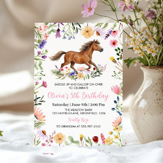 Horse Wildflower Rustic Girl Birthday Invitation Kaart