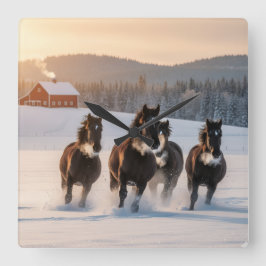 Horses galloping on a winter morning -  vierkante klok