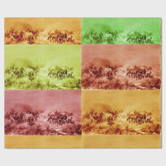 HORSES GRAZEN, Antiek rood bruin geel groen Cadeaupapier (Vlak)