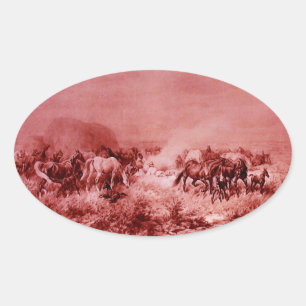 HORSES GRAZEN, Antiek rood roze ovaal Ovale Sticker