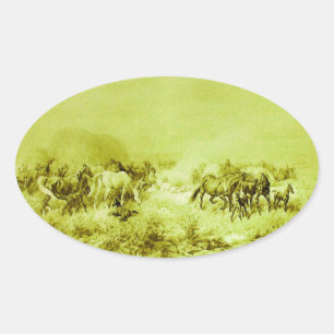 HORSES GRAZING ,Antiek olijven groene ovaal Ovale Sticker