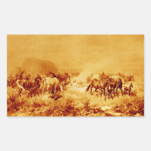 HORSES GRAZING, Antiek Oranje gele bruine Sepia Rechthoekige Sticker