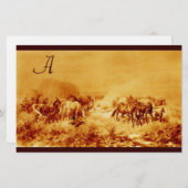 HORSES GRAZING PARCHMENT MONOGRAM brown sepia Briefpapier (Voorkant / Achterkant)