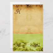 HORSES GRAZING PARCHMENT MONOGRAM Green Brown Briefpapier (Voorkant / Achterkant)