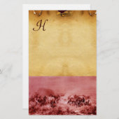 HORSES GRAZING PARCHMENT MONOGRAM Red Brown Briefpapier (Voorkant / Achterkant)