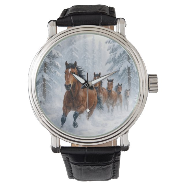 Horses Running Through a Snowy Forest Horloge (Voorkant)