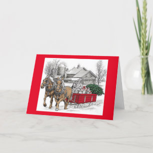 Horses & Wagon Bring Tree Christmas Holiday Kaart