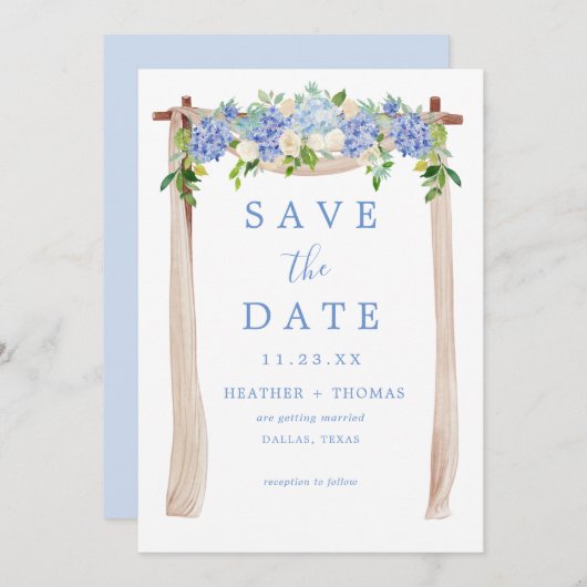 Hortensia Waterverf Stofblauw Rustiek Save The Date (Voorkant / Achterkant)