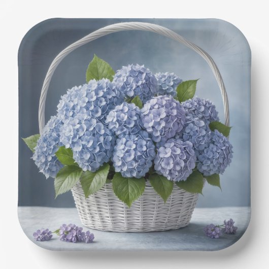 Hortensia's in rieten mand papieren bordje (Voorkant)