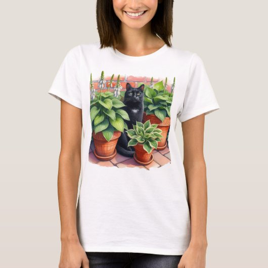 Hosta Garden en Black Cat Waterverf T-shirt (Voorkant)