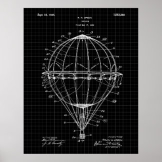 Hot Air ballon 1925 Patent Art Print Black Grid
