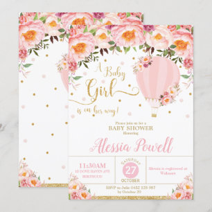 Hot-Air ballon Baby shower Blush Floral Baby Girl Kaart