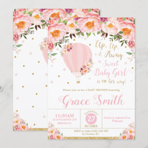 Hot-Air ballon Baby shower Blush Floral Baby Girl Kaart