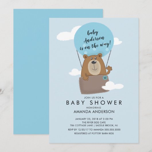 Hot Air Ballon Bear Boys Baby shower Invitation (Devant / Derrière)