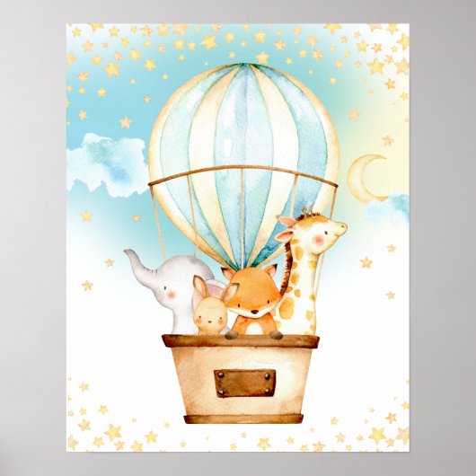 Hot-Air ballon Cute Baby Animals Nursery Wall Art Poster (Voorkant)