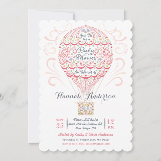 Hot Air Balloon Baby Girl Shower Invitation (Devant)