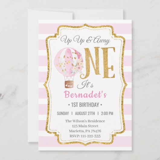 Hot Air Balloon Girl 1er Anniversaire Invitation (Devant)