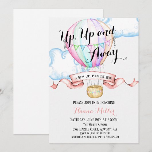 Hot Air Balloon Invitation Baby Girl Douche (Devant / Derrière)