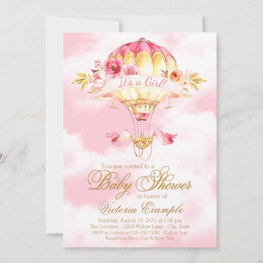 Hot Air Balloon rose or Baby Shower Invitations (Devant)
