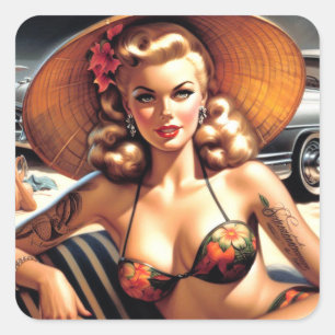 Hot Beach Pin-up Vierkante Sticker