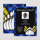 Hot Blue Boy's Foto Bowling Party Uitnodiging (Voorkant / Achterkant)