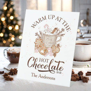 Hot Chocolate Bar Beige Roze Kerstmis Familienaam Reclamebord Met Voetstuk