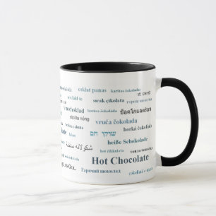 Hot-Chocolate-Mok in verschillende talen (in blauw Mok