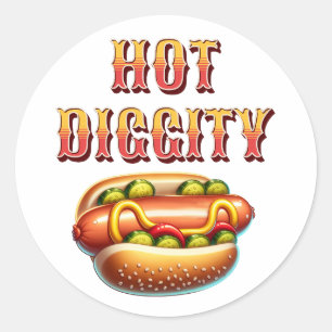 Hot Diggity   Retro hotdog Ronde Sticker