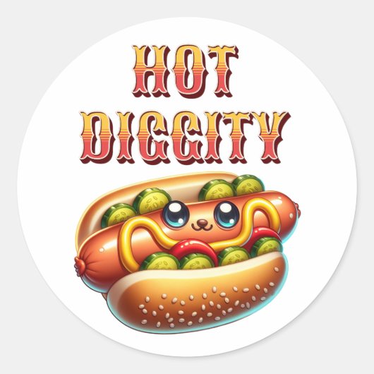 Hot Diggity | Retro hotdog Ronde Sticker (Voorkant)