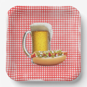 Hot Dog en Bier Op Gingham Papieren Bordje