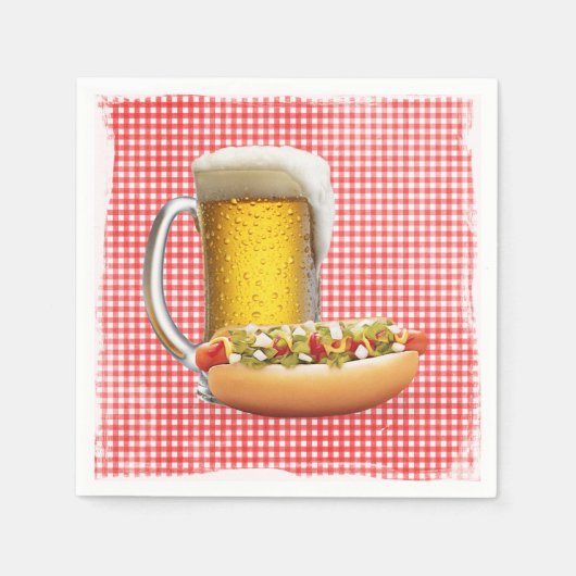 Hot Dog en Bier Op Gingham Servet (Voorkant)