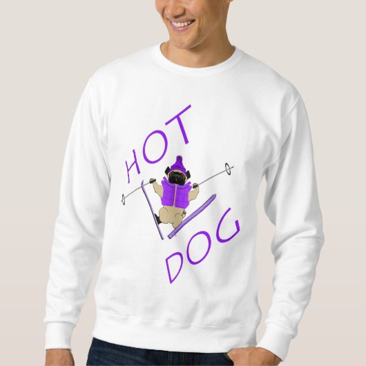 Hot Dog Funny Skiing Pug Paarse Jacket en Skis Trui (Voorkant)