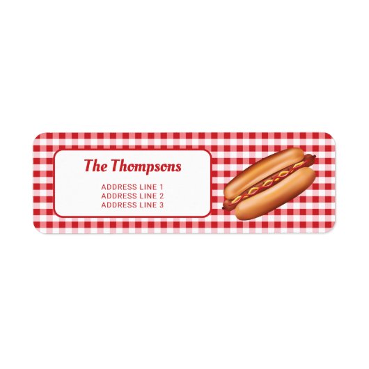 Hot dog op rode gingham met aangepaste tekst etiket (Voorkant)