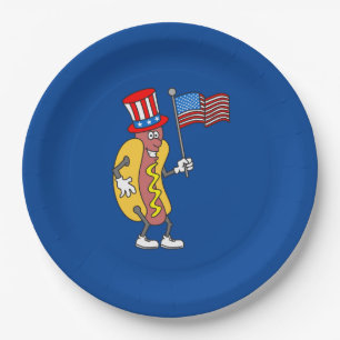 Hot Dog Patriotic houdt Amerikaanse vlag op 4 juli Papieren Bordje