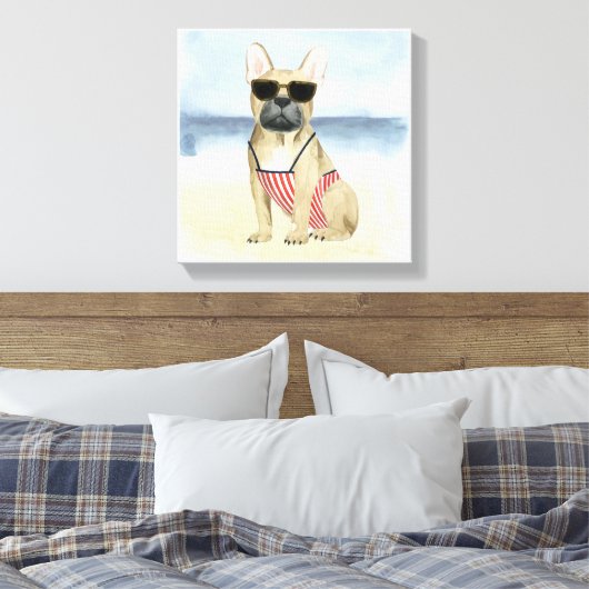 Hot Dog | Puppy in zonnebril bij het strand Canvas Afdruk (Insitu (Slaapkamer))