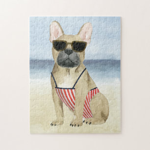 Hot Dog Puppy in zonnebril bij het strand Legpuzzel