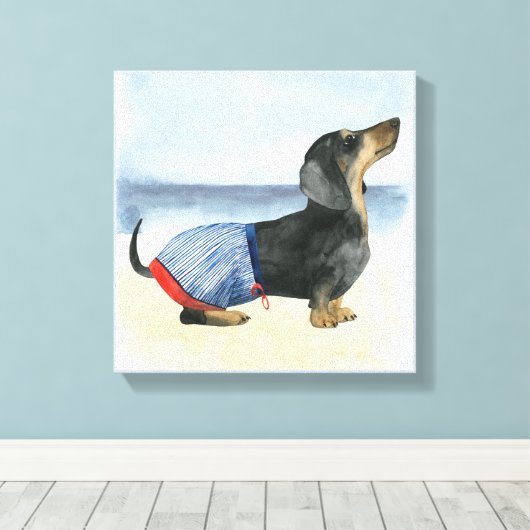 Hot Dog | Puppy in zwembad Canvas Afdruk (Insitu (Houten vloer))