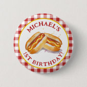Hot Dog Verjaardag Party Button – Red Gingham Kind (Voorkant)