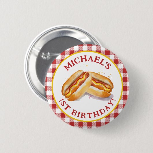Hot Dog Verjaardag Party Button – Red Gingham Kind (Voorkant /achterkant)