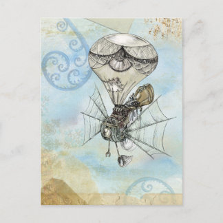 Hot-luchtballon Steampunk blauw ontwerp Briefkaart