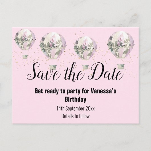 Hot-luchtballonroze Sla de datum op Aankondigingskaart (Voorkant)