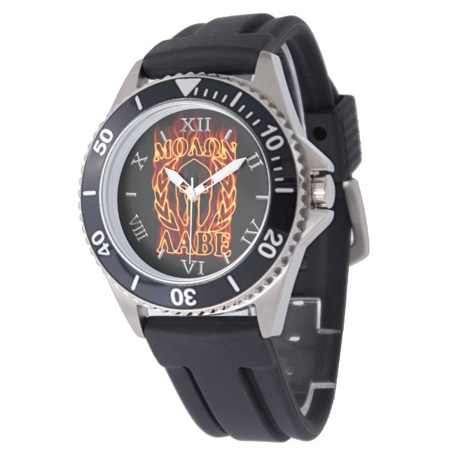 Hot Molon Labe Warrior Mask Laurels Dial on Fire Horloge (Gekanteld)