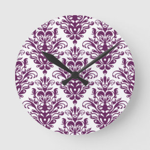Hot-Paars en White Elegant Damask Patroon Ronde Klok