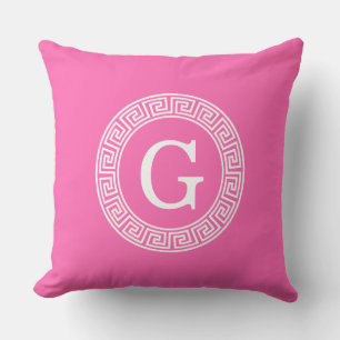 Hot Pink2 WT Greek Key RND Lijst Initiaal monogram Kussen