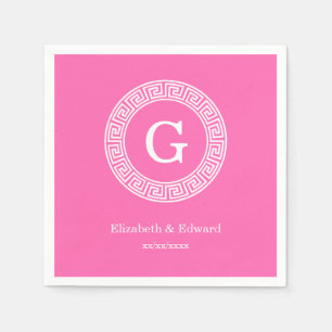 Hot Pink2 WT Greek Key RND Lijst Initiaal monogram Servetten