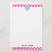 Hot Pink2 Wt Moroccan #5 Turquoise 3 Init Monogram Briefpapier (Voorkant / Achterkant)