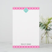 Hot Pink2 Wt Moroccan #5 Turquoise 3 Init Monogram Briefpapier (Staand voorkant)
