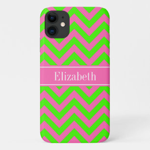 Hot Pink #2 Lime Green LG Chevron Name Monogram iPhone 11 Hoesje